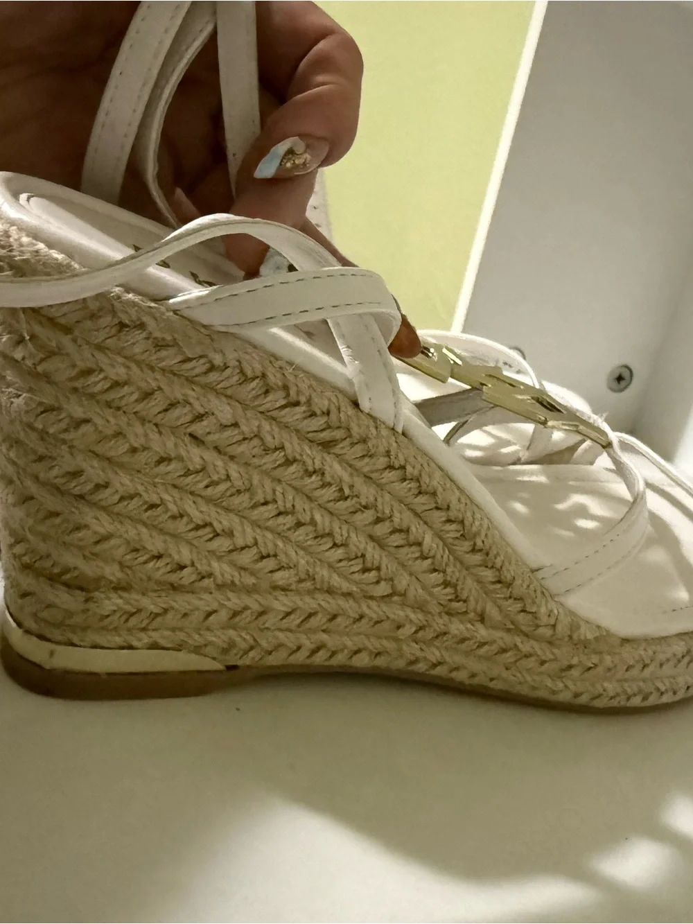 DKNY White Woven Espadrille Wedge Sandals with Gold Logo Accents